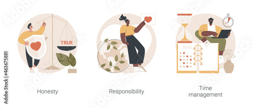 Managing position abstract concept vector illustration set. Honesty and responsibility, time management, effective planning, productivity at work, corporate core value, control abstract metaphor.