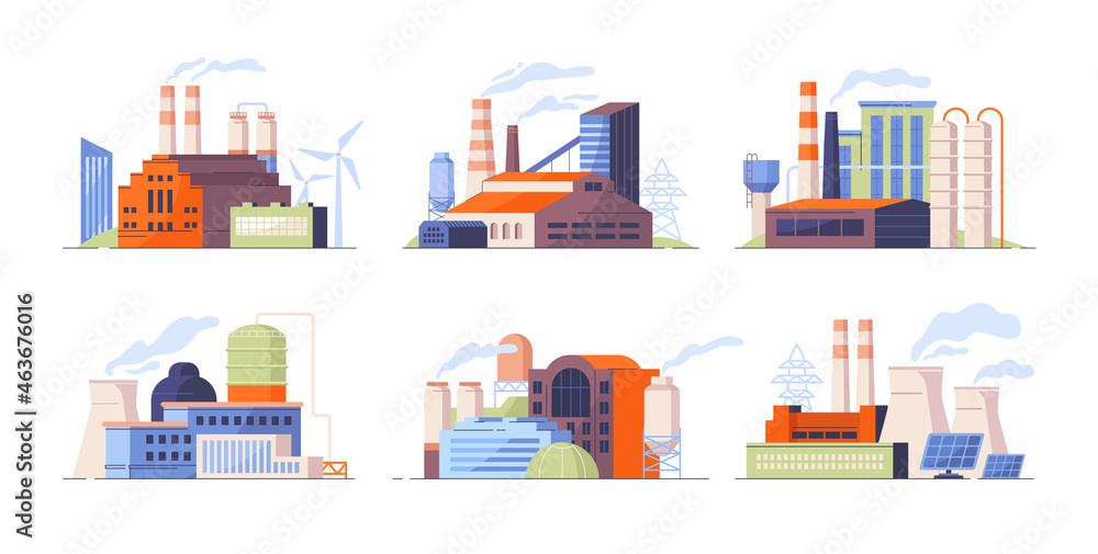 Set of factory buildings. Power plants with devices for generating energy. Various ways of obtaining energy resources and electricity. Cartoon flat vector collection isolated on white background
