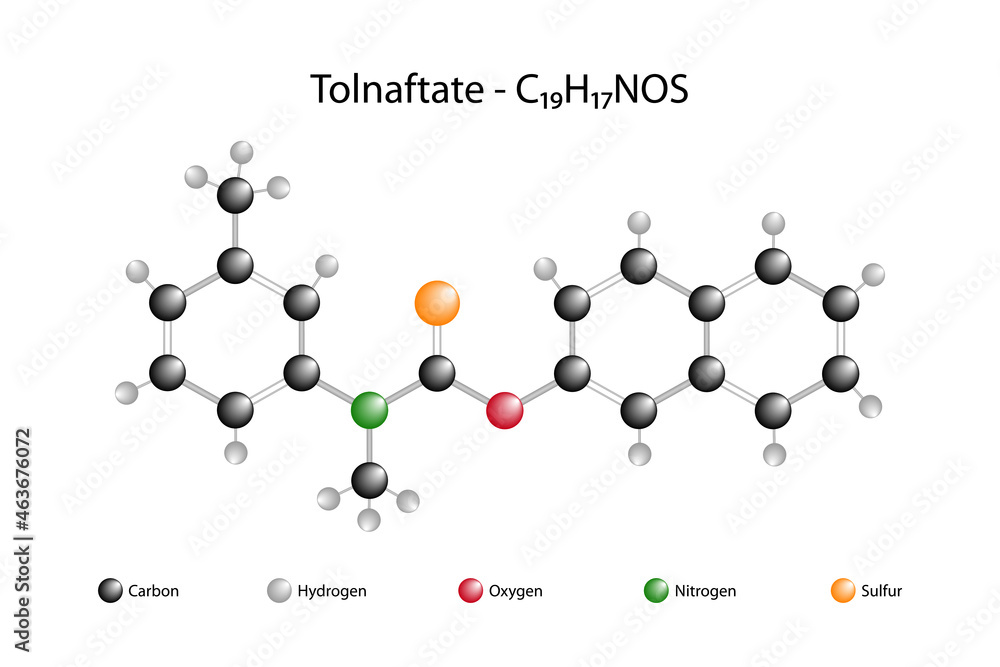 Molecular formula of tolnaftate. Tolnaftate is a synthetic thiocarbamate used as an antifungal agent available without a medical prescription.