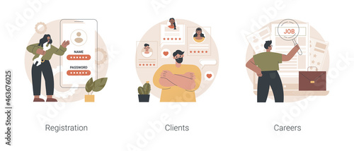 Company website navigation abstract concept vector illustration set. Registration page, name and password field, clients landing page, start career, create account, user information abstract metaphor.