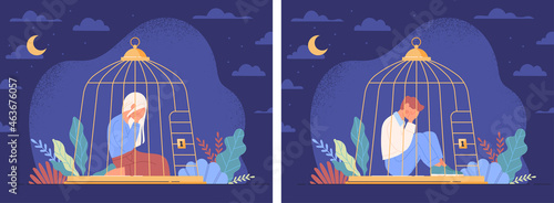Inner prison concept. Man and woman sitting in psychological cage. Mental problems, depression and emotional instability. Hopelessness. Cartoon flat vector collection isolated on blue background