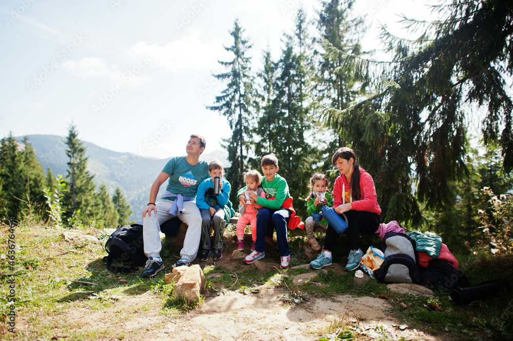 Family with four kids resting in mountains. Travel and hiking with childrens.