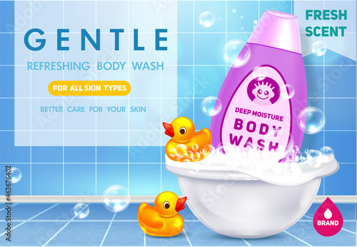 Body wash ad design. Realistic template with shampoo, bubbles, bathtub and rubber ducks. Banner for advertising and selling cleaning product. 3D modern vector illustration isolated on blue background