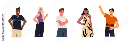 Collection of vaccinated people. Characters with patches on their arm in injection area. Men and women with immunity from infectious diseases. Cartoon flat vector set isolated on white background