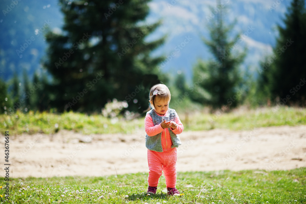 Naklejka premium Baby girl travel to nature. Relaxing on the mountain. Feel freedom.