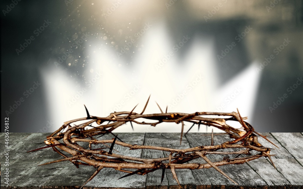 Crown Of Thorns On Wooden Cross With Sparkling In Background Crown Of Thorns On Wooden Cross With Sparkling In Background