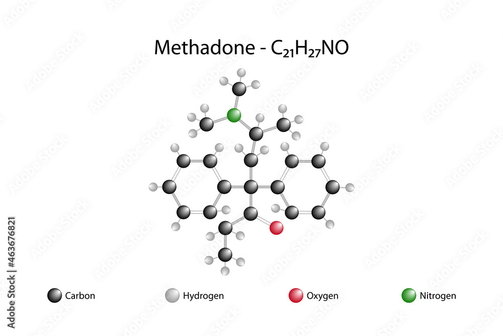 The molecular formula of methadone. Methadone is a synthetic opioid
