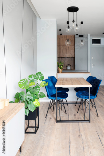 Interior of dininig room with kitchen, table and chairs. Modern furniture, wooden floor and stylish wall in the room in apartment. Vertical. photo