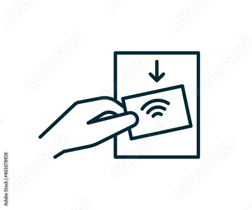 Contactless technology payment card for purchases via nfc, rfid, icon line. Wireless pay transaction sign. Payment on checkout credit card. Vector illustration