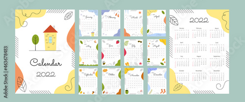 Calendar 2022 with abstract elements and lines. Square grid. Week start on Sunday. Set of 12 months, cover and one sheet of the year. Template for A4 A3 A5 size. Vector illustration in trendy style
