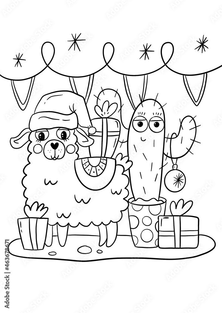 Christmas lama coloring book page. Lama with cactus illustration. Stock ...
