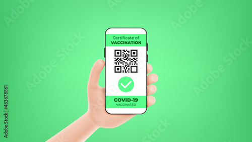 Banner with concept of certificate of vaccination. Cartoon hand holds smartphone with certificate of vaccination against the Covid-19 disease. Vector illustration with mobile device concept