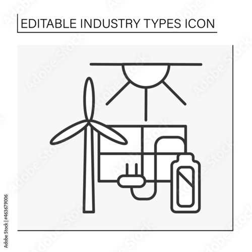  Energy industry line icon. Production and sale of energy, including fuel extraction, manufacturing. Solar and wind energy. Business concept. Isolated vector illustration. Editable stroke