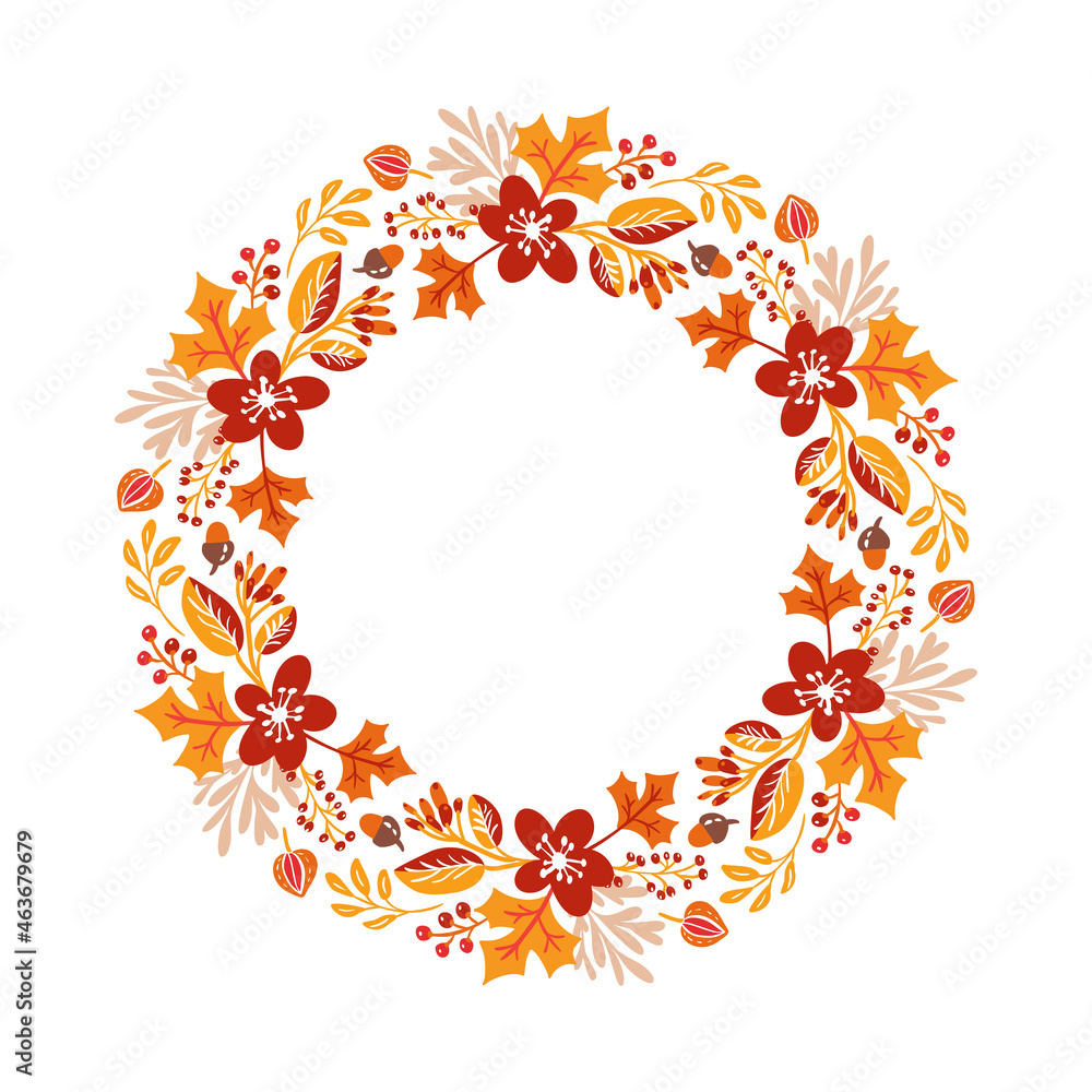 Vector Autumn round frame. Wreath of fall leaves. Background with hand drawn autumn leaves with place for your text. doodle scandinavian design elements illustration