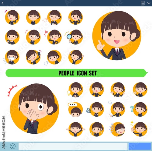 アイコン形式で様々な感情表現をする郵便スーツ女性のセット