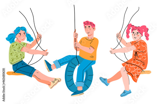 Happy kids swinging on swings in playground, flat cartoon vector illustration isolated on white background. Children have summer fun and vacation activity.