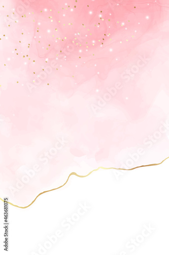 Pastel rose pink liquid watercolor background with golden cracks. Blush marble alcohol ink drawing effect. Vector illustration design template for wedding invitation, menu, rsvp
