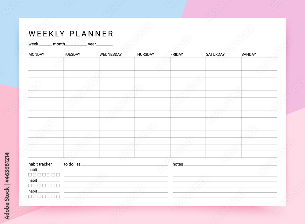 Weekly planner. Timetable for week with habit tracker, to do list