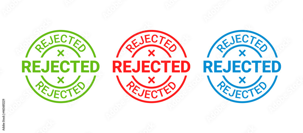Rejected stamp. Round badge reject. Denied permit sticker, label. Negative decision mark. Red, blue, green seal imprint. Retro circular emblem isolated on white background. Vector illustration.