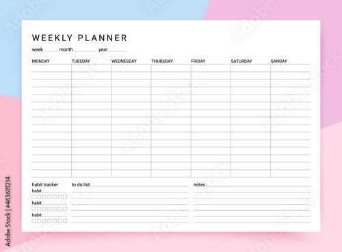 Weekly planner. Timetable for week with habit tracker, to do list and notes. Vector illustration. Journal page template. Homework organizer. Simple schedule. Empty blank of diary. Paper size A4.