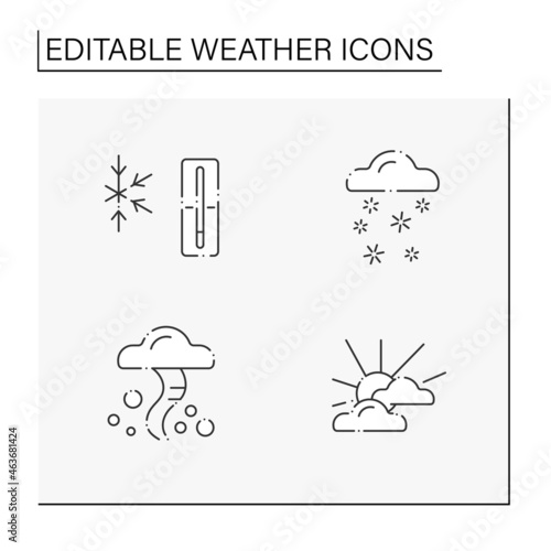 Weather line icons set. Snow, cold weather, tornado, partly cloudy. Meteorology concept. Isolated vector illustrations. Editable stroke