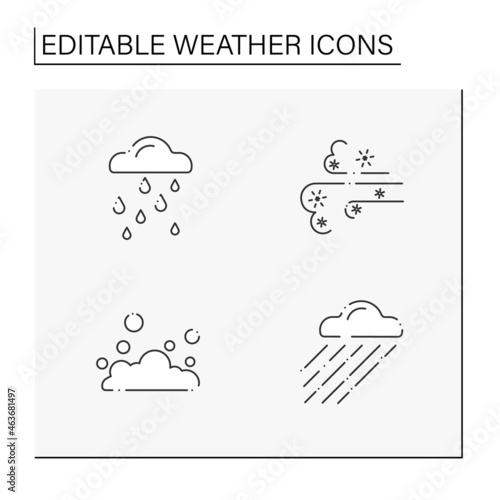 Weather line icons set. Rainy day, floating clouds, heavy rain, dust storm. Meteorology concept. Isolated vector illustrations. Editable stroke