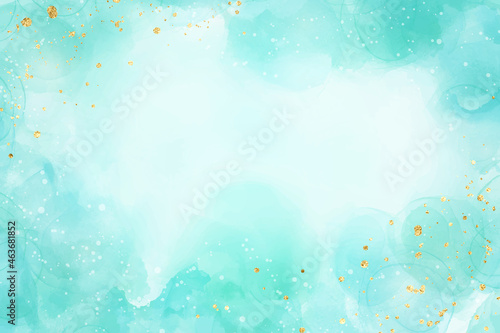 Pastel cyan mint liquid marble watercolor background with gold glitter brush stains. Teal turquoise marbled alcohol ink drawing effect. Vector illustration backdrop, watercolour wedding invitation