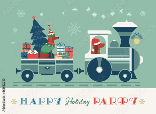 Happy holiday fun train party vector poster. Cute comic dog, Santa Claus hat, Elf costume. Christmas present gifts delivery cartoon. Winter Season holiday words greeting. New Year joy event fun banner