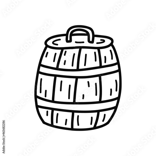 Wooden barrel with lid, tub. Container for storing drinks. Black and white vector isolated illustration hand drawn single doodle
