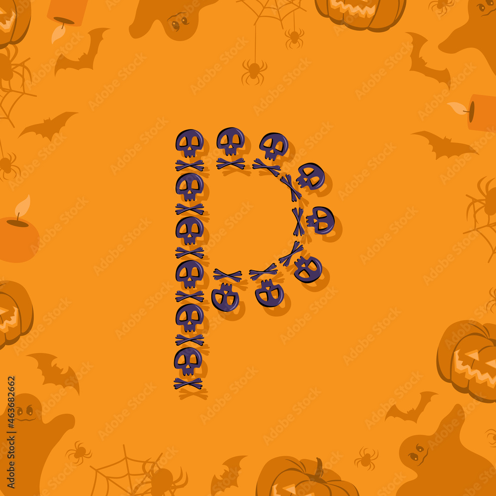 Halloween letter P from skulls and crossbones for design. Festive font for holiday and party on orange background with pumpkins, spiders, bats and ghosts Halloween letter P from skulls and crossbones for design. Festive font for holiday and party on orange background with pumpkins, spiders, bats and ghosts