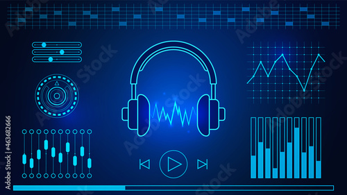 Headphone headset icon in Hud neon design. Headphones vector cartoon illustration pictogram. Audio gadget business concept splash effect. Background with music equalizer, player settings