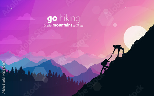 Climb to the top of the mountain. Helping hand. Travel concept of discovering, exploring, observing nature. Hiking tourism. Adventure. Minimalist graphic flyer. Polygonal flat design. Vector 