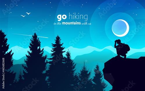 Man watching binoculars on mountains peak. Travel concept of discovering, exploring, observing nature. Hiking tourism. Adventure. Minimalist graphic flyer. Polygonal flat design. Vector illustration