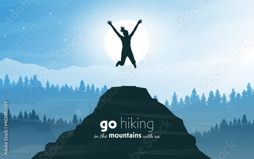 Girl jumping on top of the mountain. Travel concept of discovering, exploring and observing nature. Hiking tourism. Adventure. Minimalist graphic flyers. Polygonal flat design. Vector illustration.