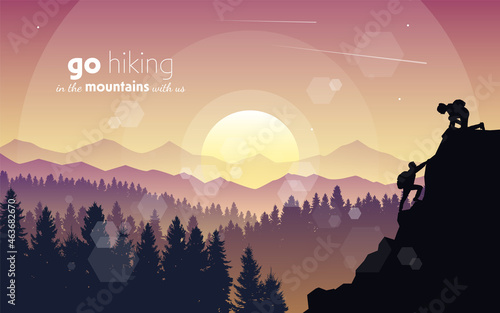 Man and woman climbing mountain. Teamwork. Travel concept of discovering  exploring  observing nature. Hiking tourism. Adventure. Minimalist graphic flyer. Polygonal flat design. Vector illustration