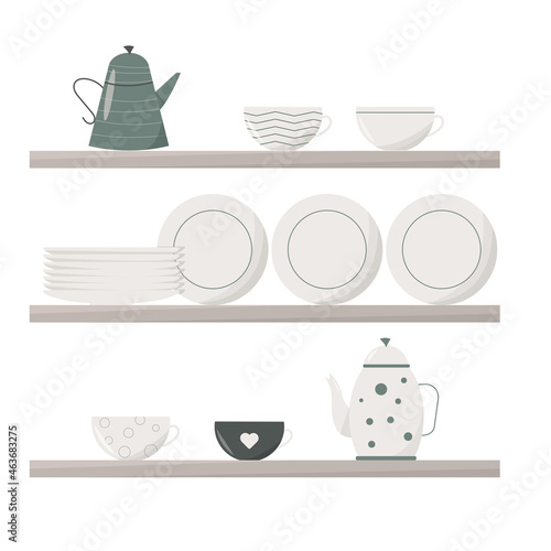 Kitchen tableware on shelf. Vector illustration.