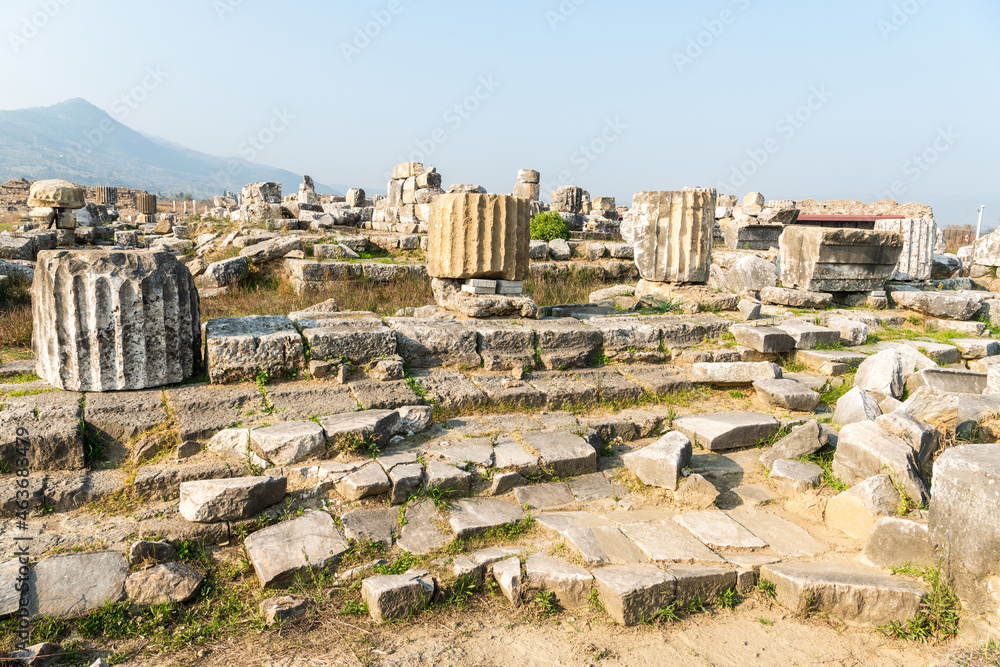 Ruins of the Temple of Artemis Leukophryene in Magnesia on the Maeander ancient site in Aydin province of Turkey.