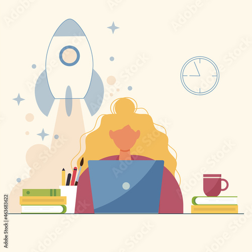 Woman with laptop vector illustration. Studying, education, working, freelancing and work from home, productivity and  efficiency concept. Rocket taking off on the background.
