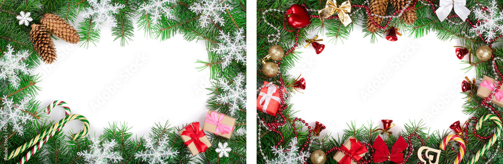 Christmas frame decorated with snowflakes isolated on white background with copy space for your text. Top view. Christmas frame decorated with snowflakes isolated on white background with copy space for your text. Top view.