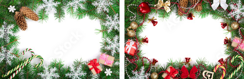 Christmas frame decorated with snowflakes isolated on white background with copy space for your text. Top view.