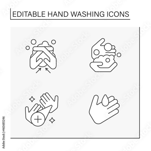 Hand washing line icons set. Rules for cleaning palms. Disinfection. Hygiena concept. Isolated vector illustrations. Editable stroke