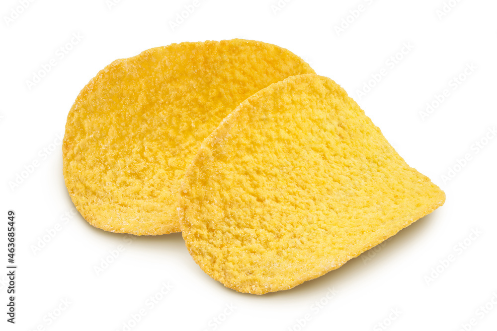 Potato chips isolated on white background with clipping path and full depth of field. Potato chips isolated on white background with clipping path and full depth of field.