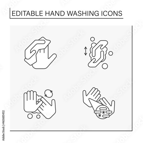 Hand washing line icons set. Rules for cleaning palms. Disinfection. Hygiena concept. Isolated vector illustrations. Editable stroke