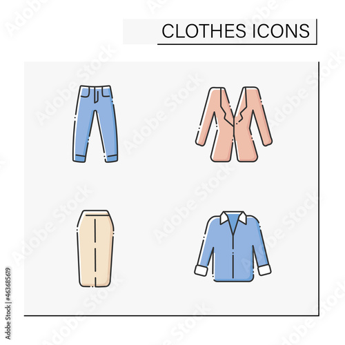 Clothes color icons set. Trendy outfits. Jeans, midi skirt, oversized shirt, palazzo trousers. Fashionable clothing. Shopping concept. Isolated vector illustration