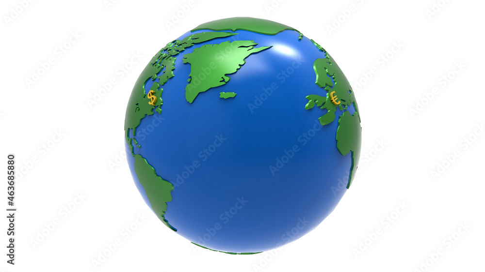 3D rendering - dollar and euro symbol on global map 3D rendering - dollar and euro symbol on global map