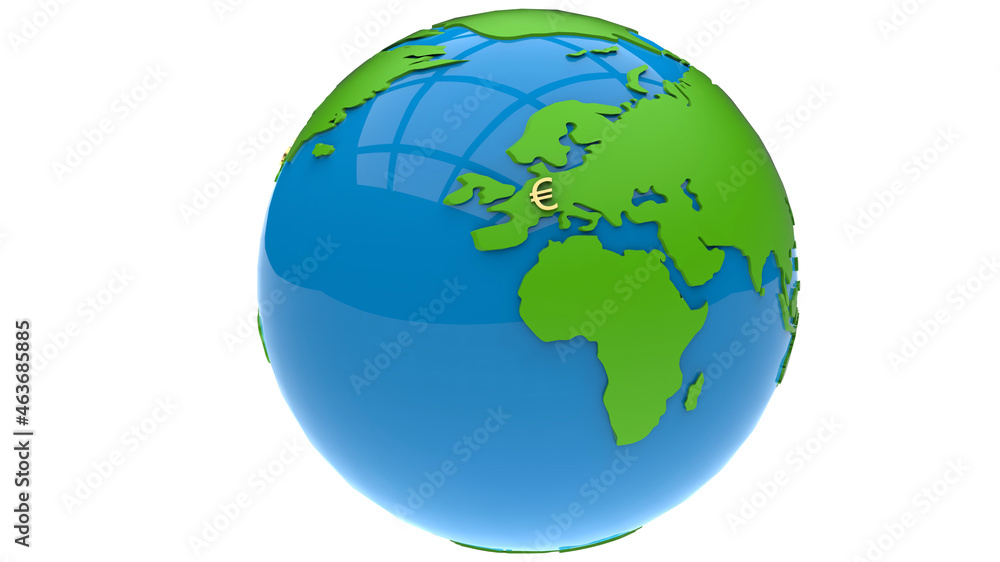 3D rendering - world globe with the Euro sign over Europe