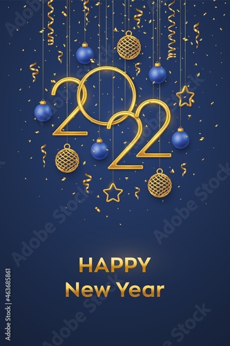 Happy New 2022 Year. Hanging Golden metallic numbers 2022 with shining 3D metallic stars, balls and confetti on blue background. New Year greeting card, banner template. Realistic Vector illustration.