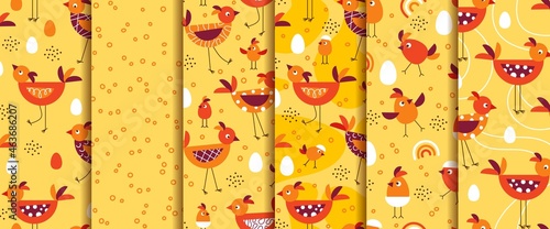 Set of seamless patterns with cute cartoon birds, chicks with rainbow, eggs, dots. Simple geometric style. Vector design elements. Good for kids apparel, textile, fabric.