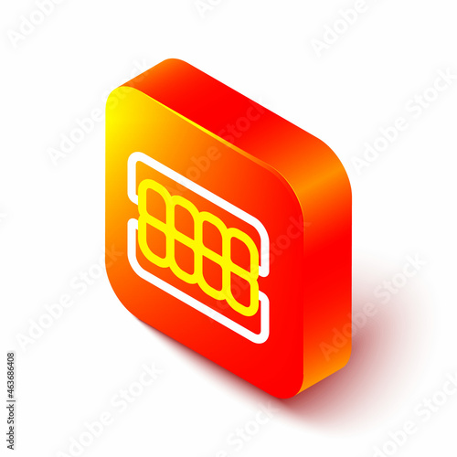 Isometric line False jaw icon isolated on white background. Dental jaw or dentures, false teeth with incisors. Orange square button. Vector