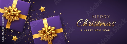 Christmas banner. Realistic purple gift boxes with golden bow, gold stars and glitter confetti. Xmas background, horizontal christmas poster, greeting cards, headers website. Vector illustration.